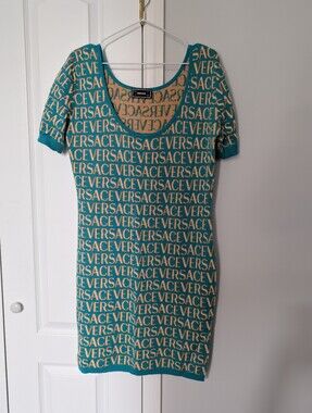 Versace Teal & Beige Logo Knit Dress